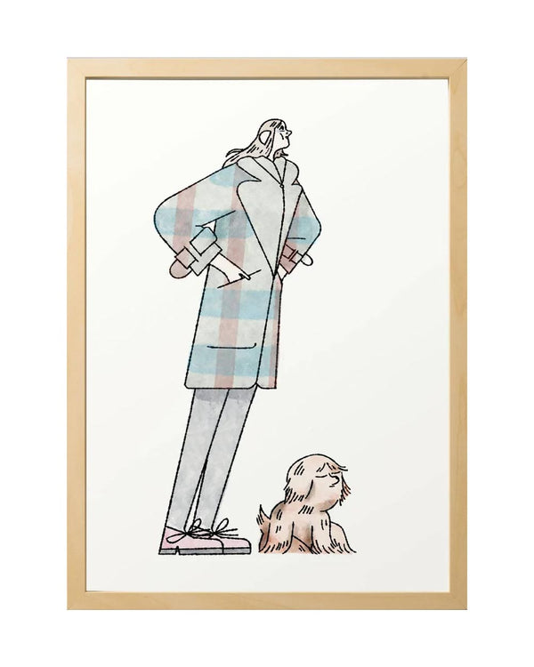 Sergio Membrillas Madrid FineArt Print: Minimalistische Illustration einer schlanken Figur im pastell-karierten Mantel neben kleinem Hund. Erhältlich in DinA4 und DinA3 auf hochwertigem Hahnemühle Papier.