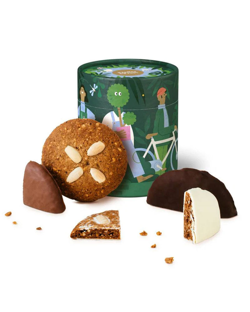 Lebkuchen Dose Maya Stepien mit 5 gemischten veganen Elisen, dekorativ verpackt in einer grünen Zinnschachtel mit Oblatenlebkuchen und schokoladenüberzogenen Stücken.