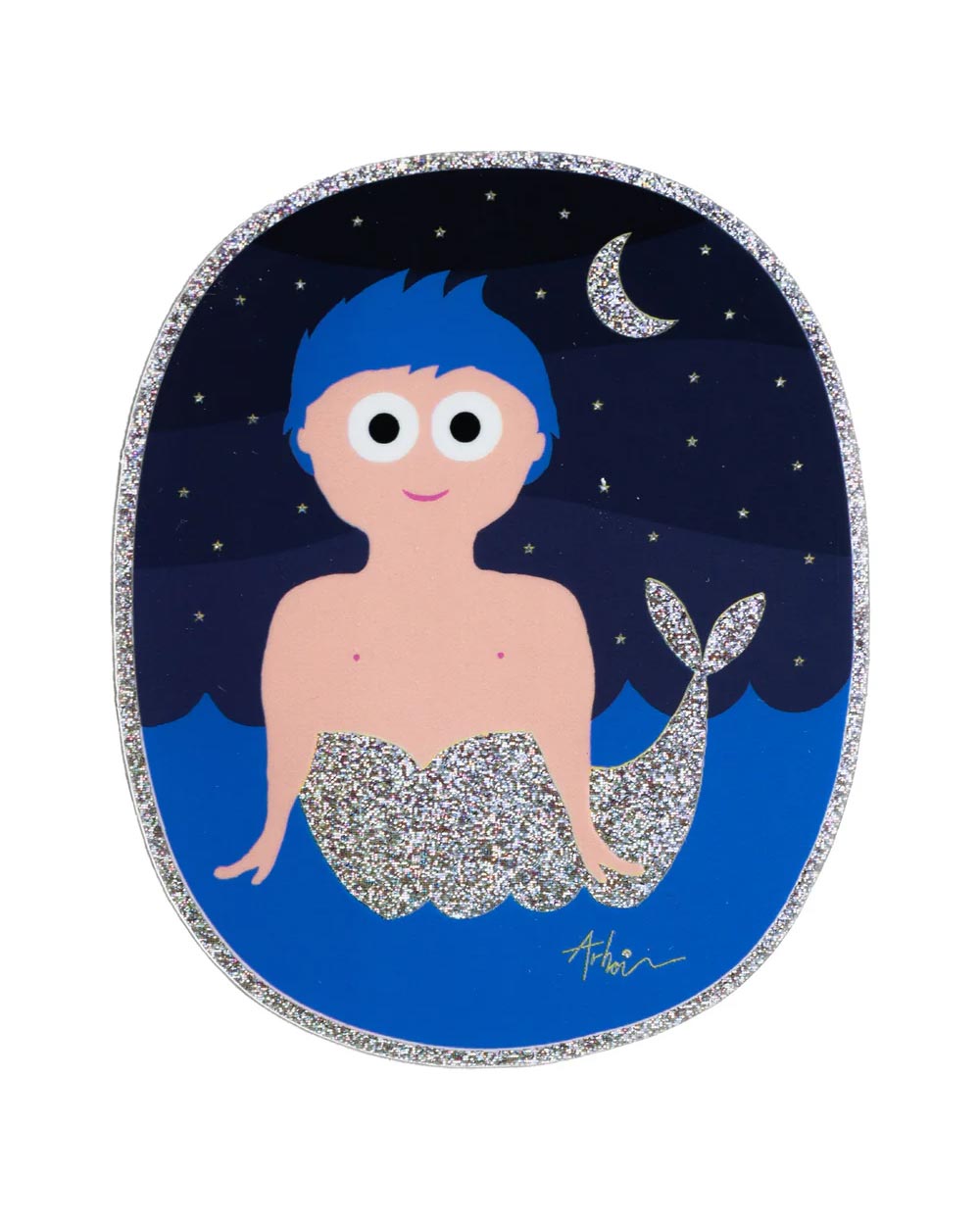 Studio Arhoj - Sticker Merman zeigt einen Cartoon-Meerjungmann unter Sternenhimmel, ideal zum Aufpeppen von Laptops, Flaschen und Planern. Größe: 11,7 × 4,2 cm.