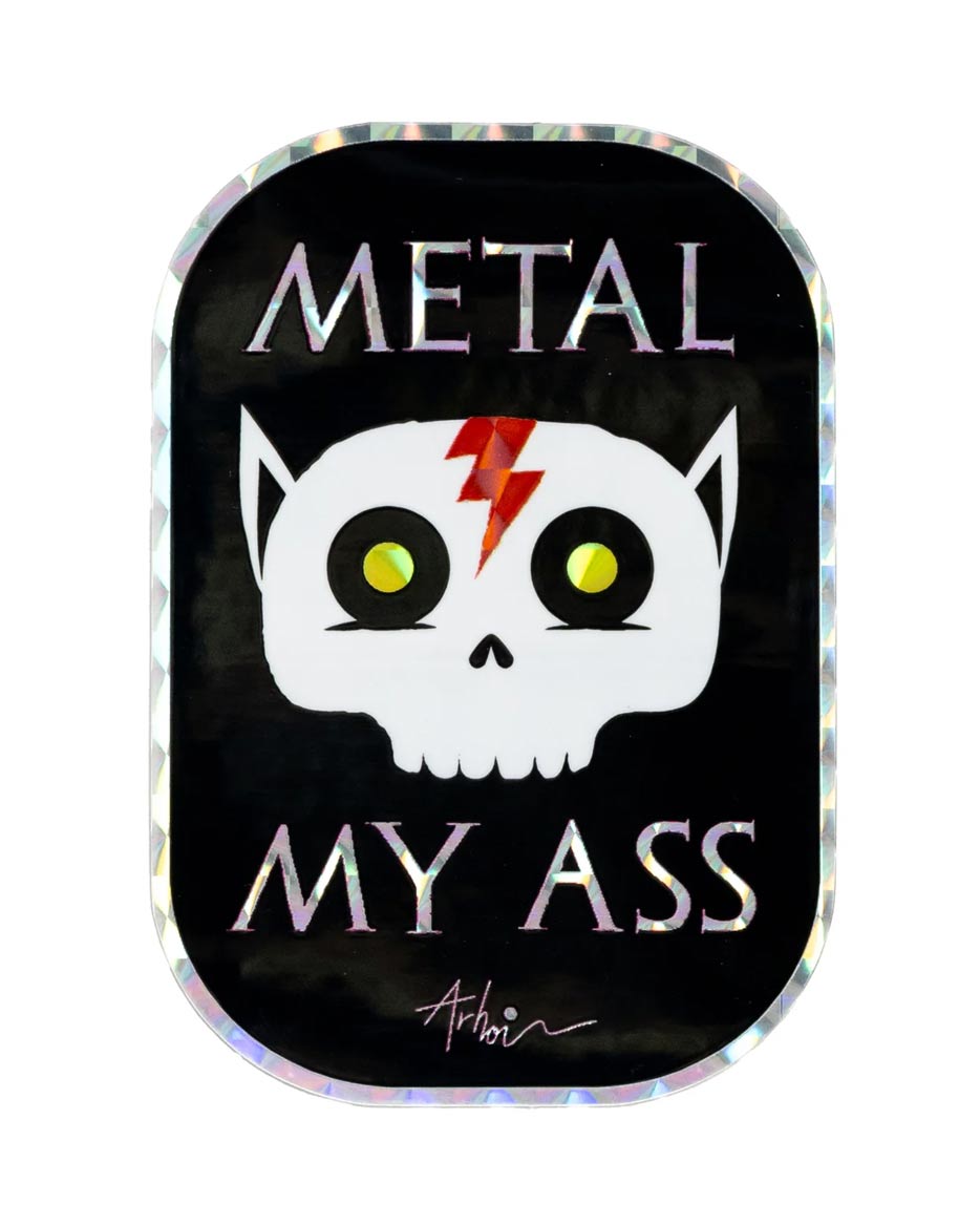Studio Arhoj - Sticker Metal My Ass: Holografischer Totenkopf-Sticker mit Katzenohren und Blitz, ideal für Laptop oder Skateboard. Perfekt für Individualität und Stil.