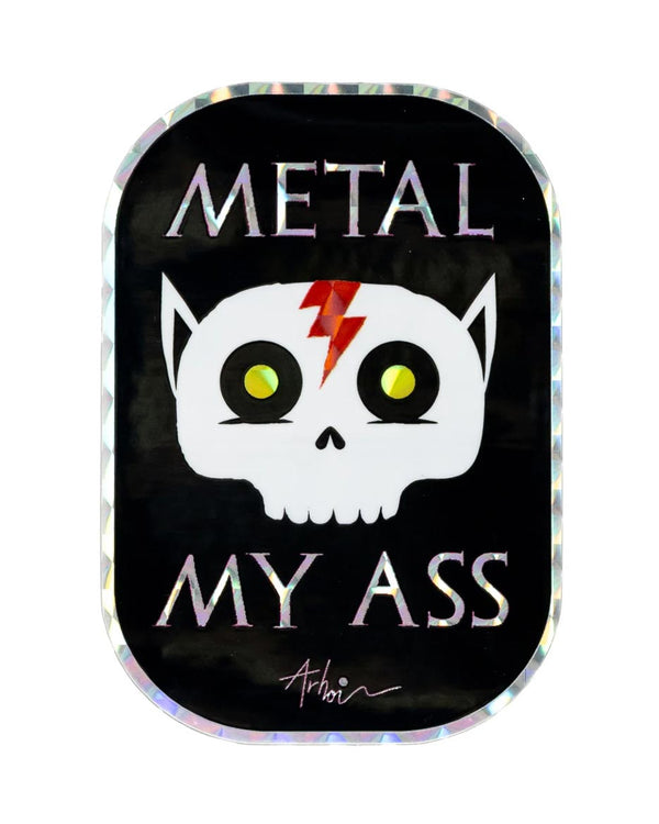 Studio Arhoj - Sticker Metal My Ass: Holografischer Totenkopf-Sticker mit Katzenohren und Blitz, ideal für Laptop oder Skateboard. Perfekt für Individualität und Stil.