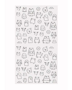Midori Sticker Chat Monsters: Handgezeichnete Monstersticker auf weißem Hintergrund, ideal zum Verzieren von Planern und Tagebüchern. Hergestellt in Japan, 18 x 9 cm.