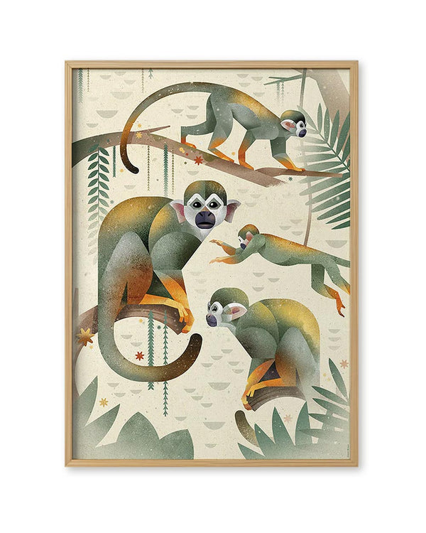 Monkeys Poster (50 x 70cm) von Dieter Braun zeigt vier stilisierte Affen in einem dschungelartigen Umfeld, gedruckt auf mattem, ungestrichenem Offsetpapier.