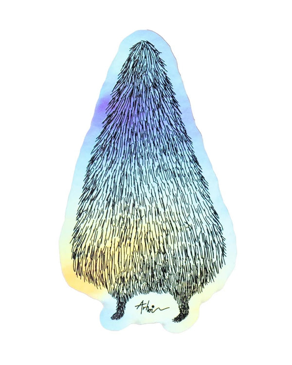 Studio Arhoj - Sticker Mori no Kemono: Ein dreieckiges, pastellfarbenes Wesen mit dichter, schwarzer Fellstruktur und zwei kurzen Beinen, signiert von Arhoi. Perfekt für Laptop oder Skateboard.