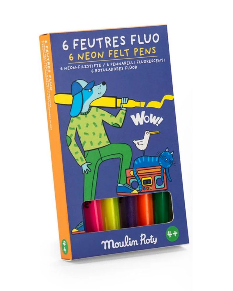 Moulin Roty 6 Neon-Filzstifte: Verpackung mit Cartoon-Hund, Boombox und Fensterausschnitt für bunte Stifte. Ideal für kreative Kinder ab 4 Jahren.