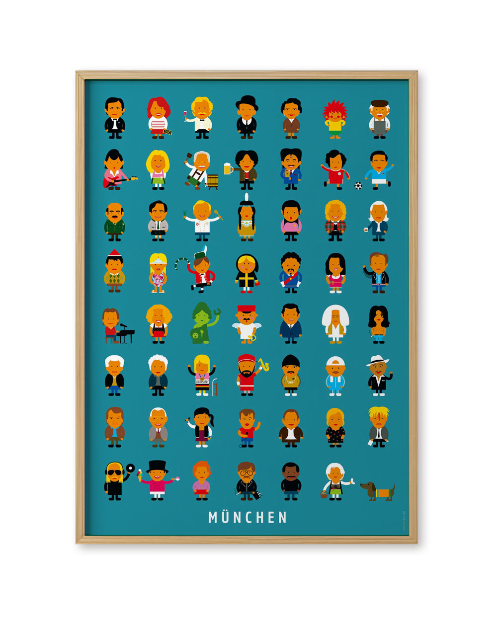 Leute München Poster: Cartoonfiguren in Münchner Trachten und Berufen, darunter Musiker, Sportler und ein Dackel, in einem schlichten Holzrahmen. Design von Malte Kaune.