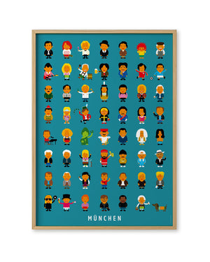 Leute München Poster: Cartoonfiguren in Münchner Trachten und Berufen, darunter Musiker, Sportler und ein Dackel, in einem schlichten Holzrahmen. Design von Malte Kaune.