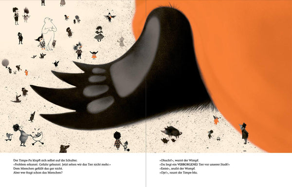 Obacht! Kinderbuch Doppelseite mit schwarz-weißen Figuren und Tieren, riesige orange Kreatur im Hintergrund, deutsche Texte über Abenteuer und Begegnung mit Unbekanntem.
