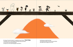 Quirky Kreaturenparade auf Holzbrücke aus dem Bilderbuch Obacht! mit humorvoller Geschichte über Begegnungen und Kommunikation, ideal für Kinder ab 4 Jahren.