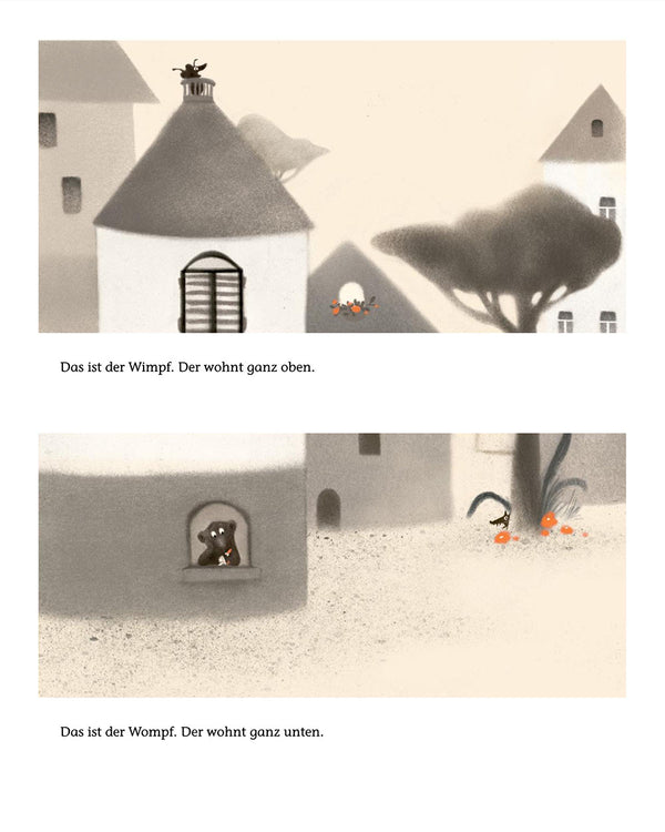 Obacht! zeigt in zwei Panels: oben der Wimpf auf dem Dach, unten der Wompf am Fenster, jeweils mit orangefarbenen Beeren; ein zeitgeistiges Bilderbuch für Kinder.