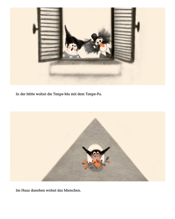 Buchseite von Obacht! mit Timpe-Ma, Timpe-Pa und Mienchen in Fenstern. Text über Nachbarschaft und Abenteuer. Kinderbuch ab 4 Jahren, 40 Seiten.