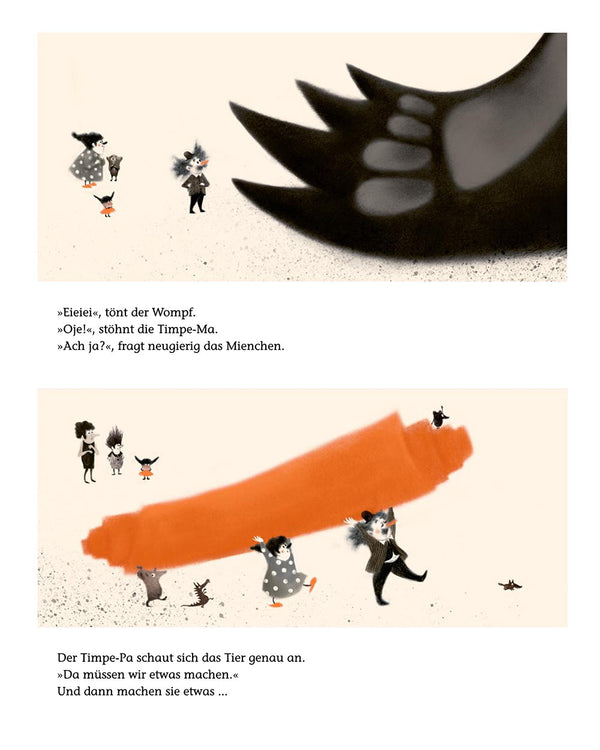 Zwei-Panel-Illustration aus Obacht!: Kinder und Tiere begegnen riesiger Klaue, dann tragen sie großes oranges Objekt. Ein zeitloses Bilderbuch über Umgang mit Unbekanntem.