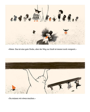 Kleine Kreaturen und ein großer, freundlicher Geist planen in Obacht! eine Lösung für einen blockierten Weg; eine humorvolle Geschichte über Zusammenarbeit.