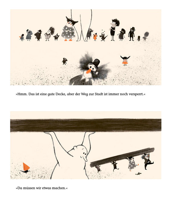 Kleine Kreaturen und ein großer, freundlicher Geist planen in Obacht! eine Lösung für einen blockierten Weg; eine humorvolle Geschichte über Zusammenarbeit.