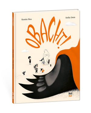 Buchcover von Obacht! mit schwarzer Klaue und Figuren im Hintergrund. Ein Kinderbuch über Kommunikation und Unbekanntes für alle die schöne Kinderbücher lieben.