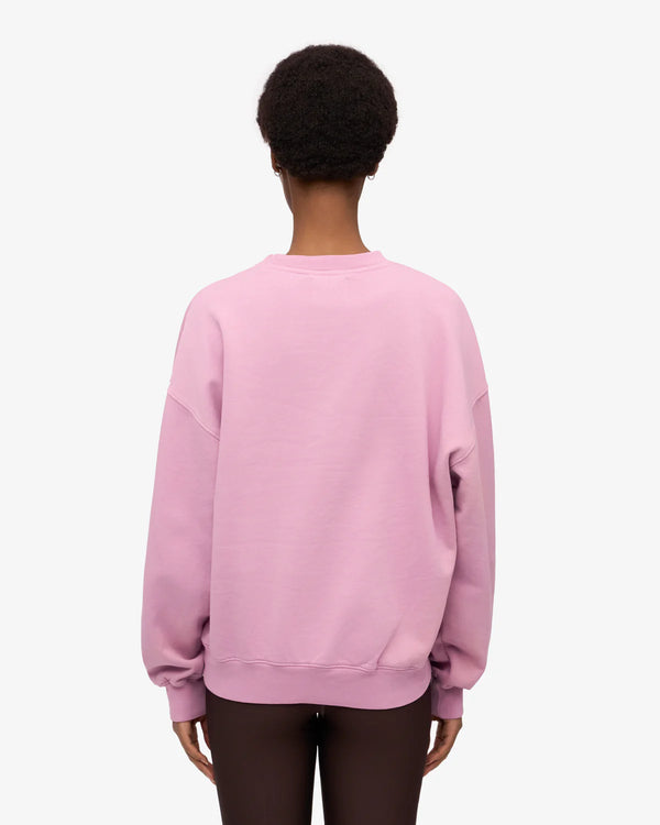 Person von hinten in einem locker sitzenden, pastellrosa/lila Oversized Sweatshirt aus Bio-Baumwolle, kombiniert mit dunklen Leggings. Produkt: Organic Oversized Sweatshirt Cherry Blossom.