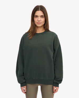 Frau trägt das Organic Oversized Sweatshirt Midnight Forest aus 100% Bio-Baumwolle, präsentiert von Human Empire Shop, mit entspanntem, geradem Stand.