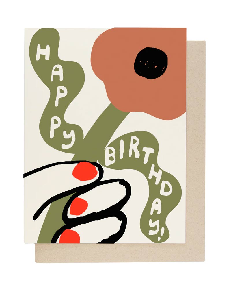 Geburtstagskarte People I've loved Birthday Flower Klappkarte zeigt stilisierte Hand mit Blume, grüner Schriftzug HAPPY BIRTHDAY!, inklusive Umschlag, gedruckt auf archivfestem Karton.