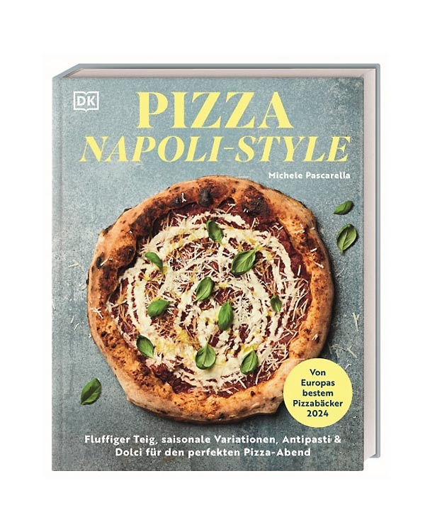 Frontcover des Kochbuchs “PIZZA NAPOLI-STYLE” von Michele Pascarella, zeigt eine neapolitanische Pizza mit dickem Rand, Tomatensauce, Käse und Basilikum. Enthält über 65 authentische Rezepte.