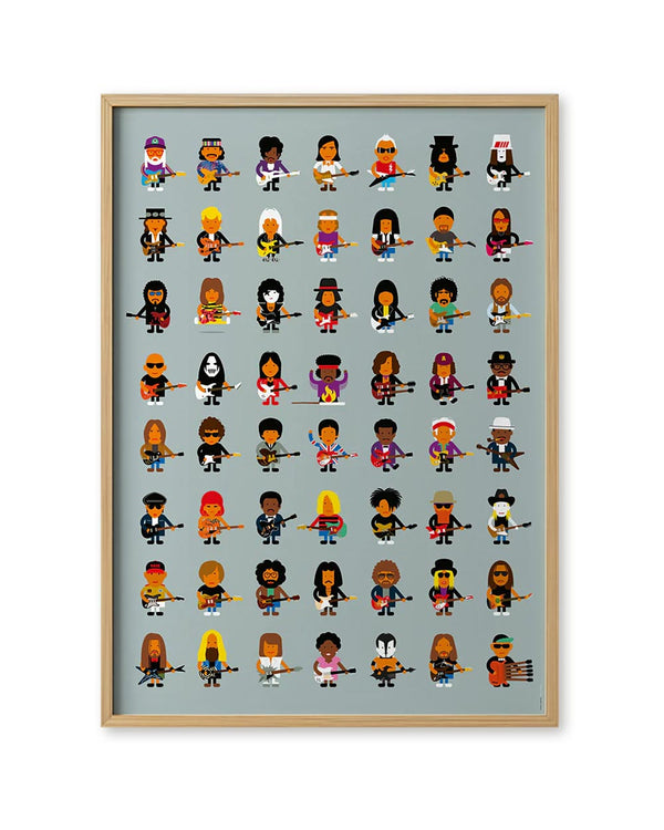 Guitar Players Poster (50 x 70 cm) mit minimalistischen Karikaturen berühmter Gitarristen, gedruckt auf hochwertigem Naturpapier von Malte Kaune, ohne Rahmen.