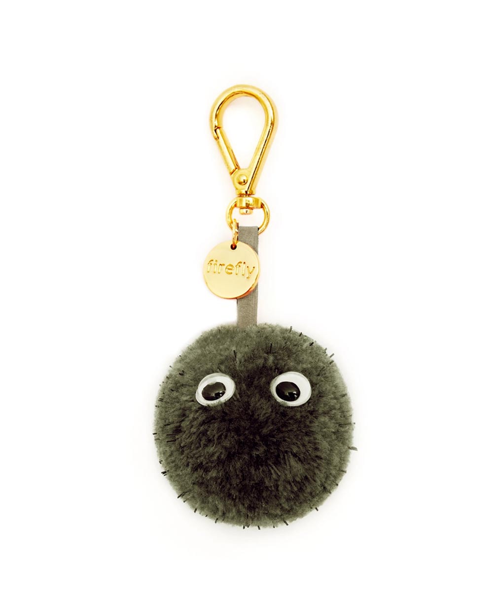 Reflektierender Pom-Pom-Ball Olive mit goldfarbenem Karabinerhaken, zwei Wackelaugen und kleinem firefly-Tag. Enthält reflektierendes Garn für Sichtbarkeit. Perfekt als modischer Taschenanhänger.