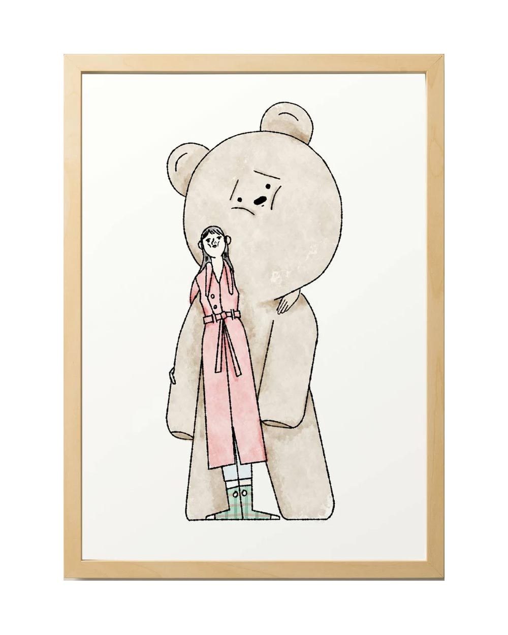 Sergio Membrillas Prize FineArt Print: Aquarellskizze einer großen Teddyfigur, die eine Frau in rosa Mantel umarmt. Erhältlich in DinA4 und DinA3, gedruckt auf Hahnemühle Museum Etching Papier.