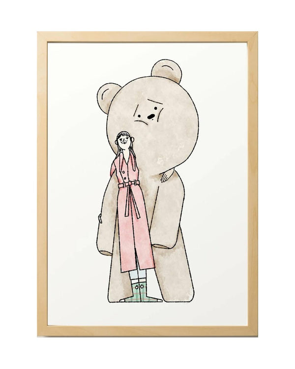 Sergio Membrillas Prize FineArt Print: Aquarellskizze einer großen Teddyfigur, die eine Frau in rosa Mantel umarmt. Erhältlich in DinA4 und DinA3, gedruckt auf Hahnemühle Museum Etching Papier.