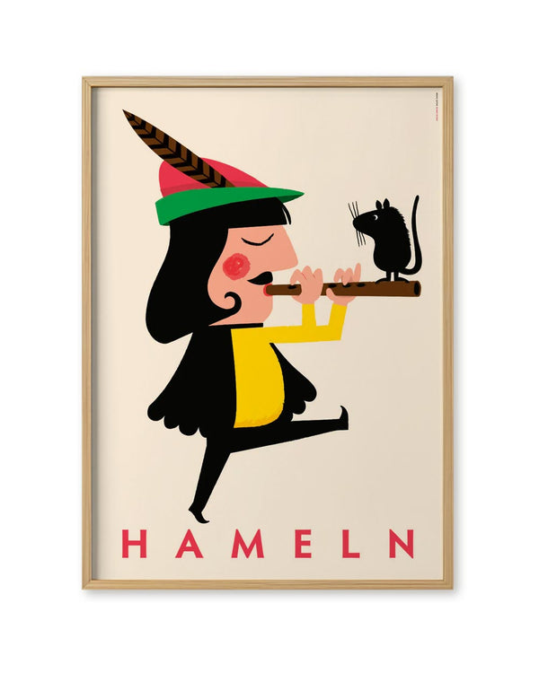 Der Rattenfänger von Hameln Poster (DIN A3) zeigt eine cartoonhafte Figur mit Flöte und Ratte, HAMELN unten. Kunstdruck von Malte Kaune, Human Empire Studio.