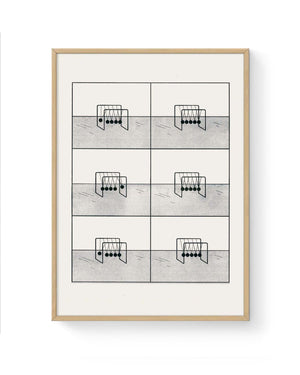 RFI-Risodruck (DinA3) Newton Pendel von Nadine Redlich: Minimalistisches Kunstwerk mit 2x3 Raster von Newton-Pendel Zeichnungen, auf schattiertem Untergrund, von Anna Haifisch illustriert.