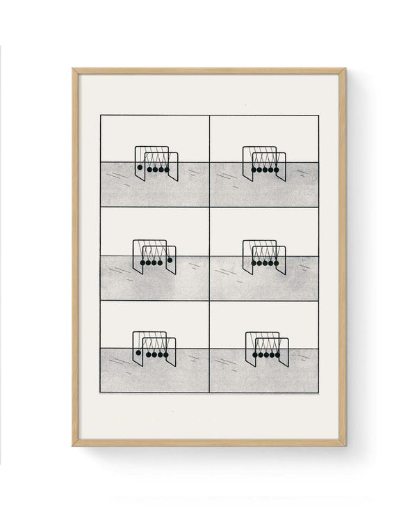 RFI-Risodruck (DinA3) Newton Pendel von Nadine Redlich: Minimalistisches Kunstwerk mit 2x3 Raster von Newton-Pendel Zeichnungen, auf schattiertem Untergrund, von Anna Haifisch illustriert.