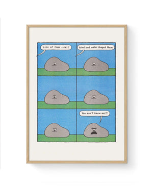 RFI-Risodruck (DinA3) Stone von Nadine Redlich zeigt einen sechs-teiligen Cartoon mit einem grauen, sprechenden Stein. Ein humorvoller Kunstdruck von Anna Haifisch.