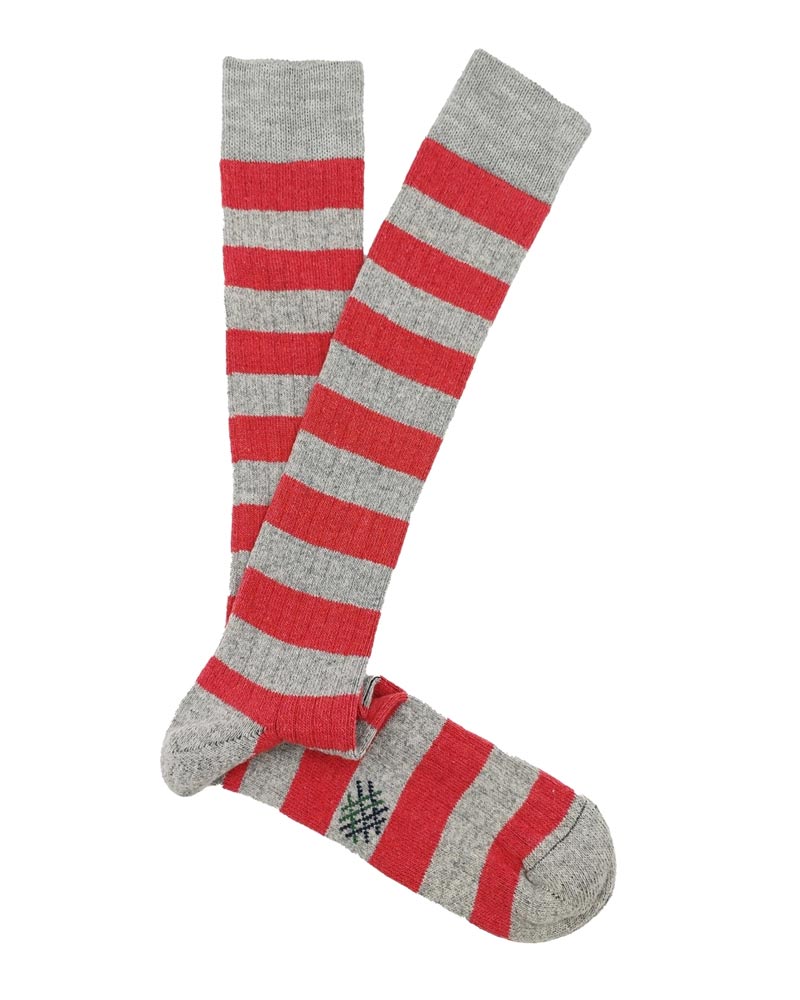 Bio-Lammwollsocken lang - Rot-Grau Gestreift