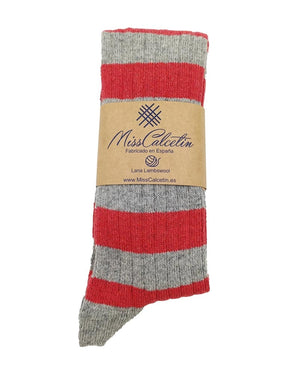 Bio-Lammwollsocken lang - Rot-Grau Gestreift