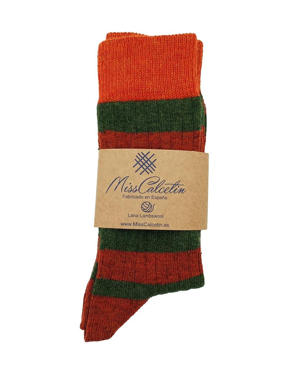 Bio-Lammwollsocken - Rotbraun-Olive Gestreift