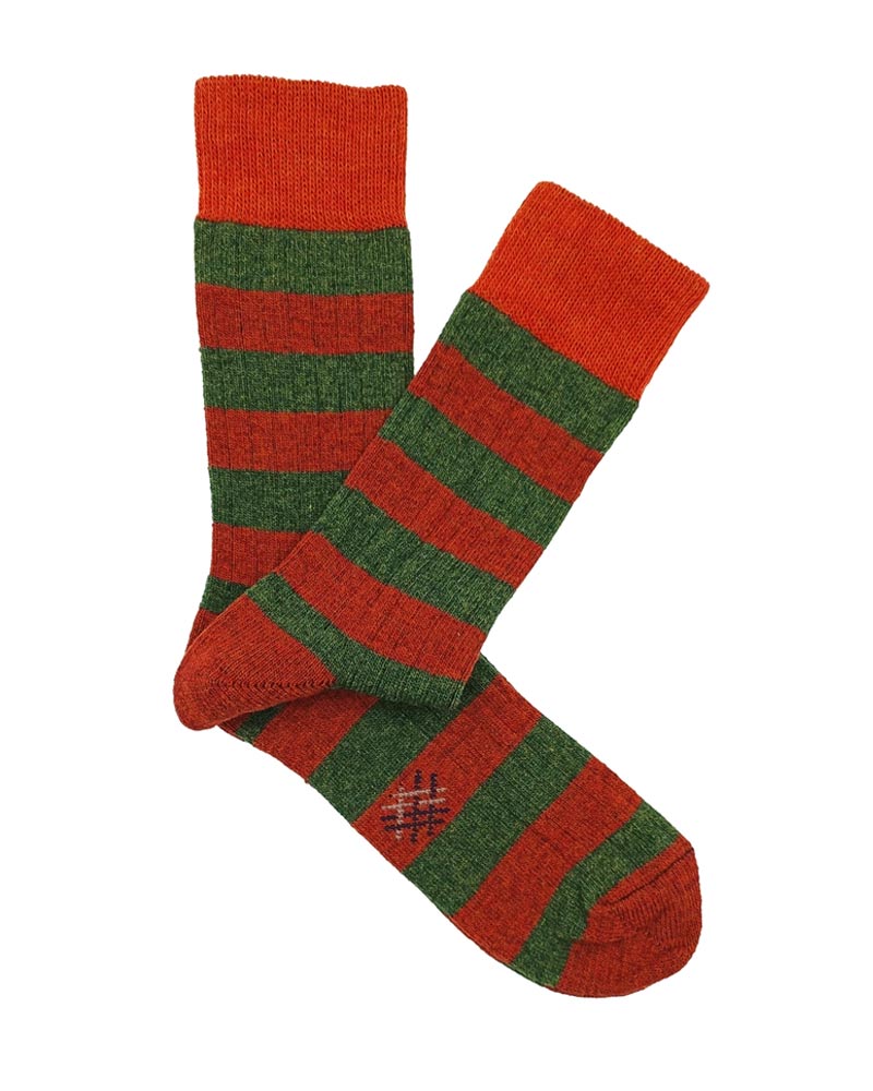 Bio-Lammwollsocken - Rotbraun-Olive Gestreift