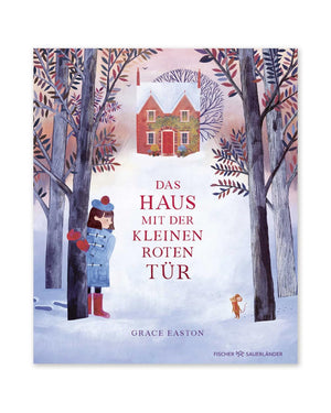 Kinderbuchcover „Das Haus mit der kleinen roten Tür“: Ein rotes Backsteinhaus im Schnee, Mädchen und Maus davor. Interaktive, winterliche Freundschaftsgeschichte für Kinder ab 4 Jahren.