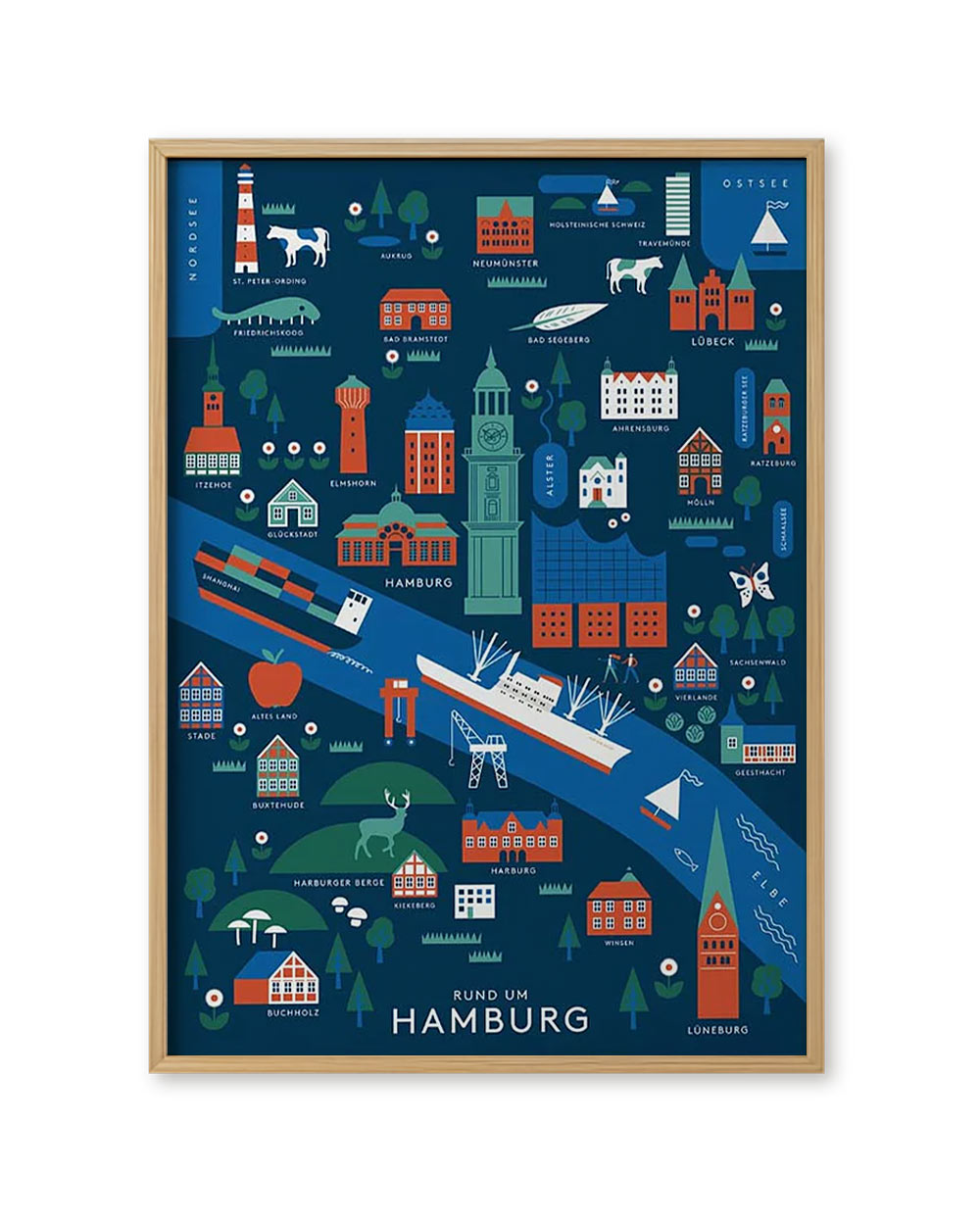 Künstlerisches Rund um Hamburg Poster mit Elbe, Alster und Symbolen von Hamburgs Sehenswürdigkeiten und umliegenden Städten. Design von Jan Kruse, erhältlich in A3 und 50x70 cm.
