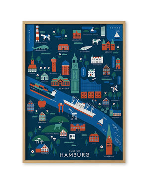 Künstlerisches Rund um Hamburg Poster mit Elbe, Alster und Symbolen von Hamburgs Sehenswürdigkeiten und umliegenden Städten. Design von Jan Kruse, erhältlich in A3 und 50x70 cm.
