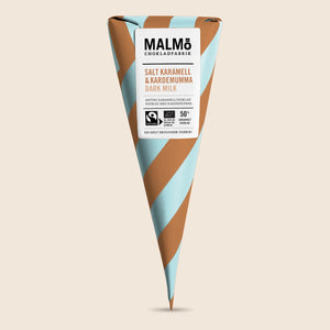 Malmö Organic Cone Milchschokolade (55% Kakao) mit gesalzenem Karamell und Kardamon