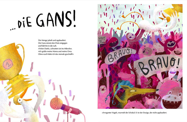 Gans mit Pokal feiert unter Konfetti, während Tiere jubeln. Aus „Ein Pokal für den Schakal“, ein humorvolles Kinderbuch von Jule Wellerdiek, erhältlich bei Human Empire Shop.