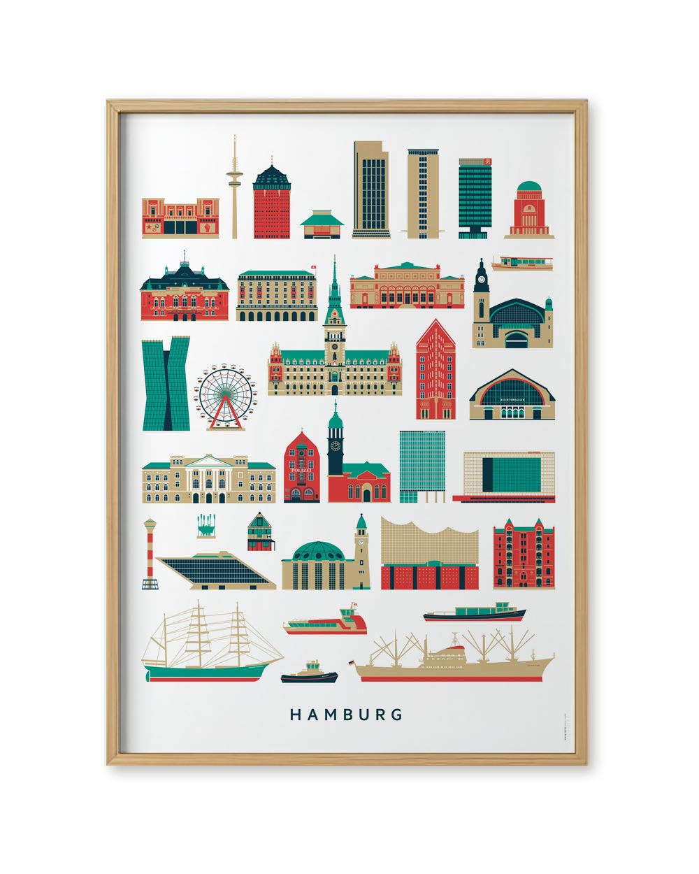 Hamburg Sehenswürdigkeiten Poster mit stilisierten Wahrzeichen wie TV-Turm, Rathaus, Elbphilharmonie und Hafen-Schiffen. Design von Malte Kaune, erhältlich im Human Empire Shop.