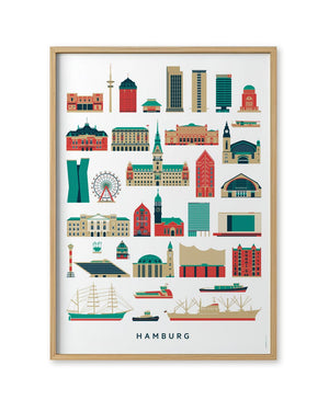 Hamburg Sehenswürdigkeiten Poster mit stilisierten Wahrzeichen wie TV-Turm, Rathaus, Elbphilharmonie und Hafen-Schiffen. Design von Malte Kaune, erhältlich im Human Empire Shop.