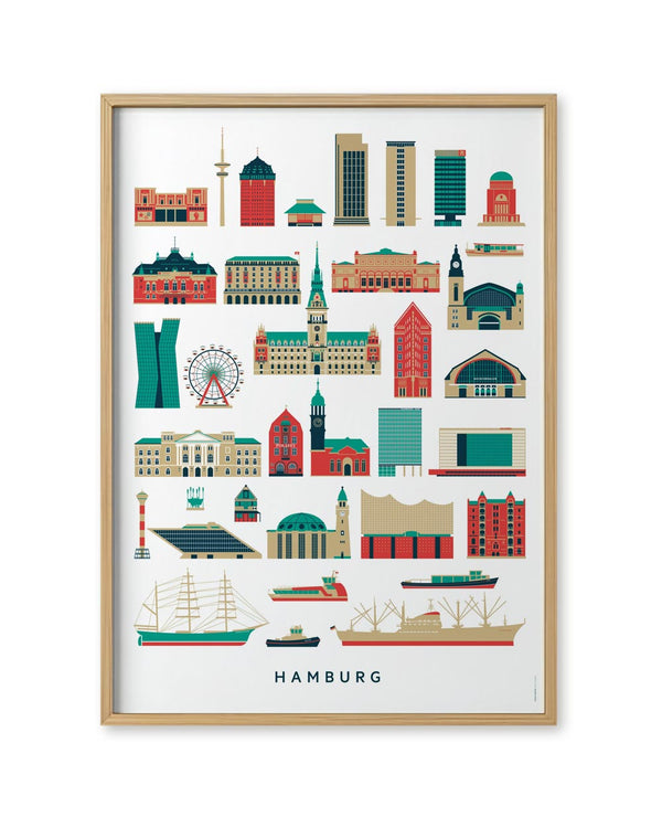 Hamburg Sehenswürdigkeiten Poster mit stilisierten Wahrzeichen wie TV-Turm, Rathaus, Elbphilharmonie und Hafen-Schiffen. Design von Malte Kaune, erhältlich im Human Empire Shop.