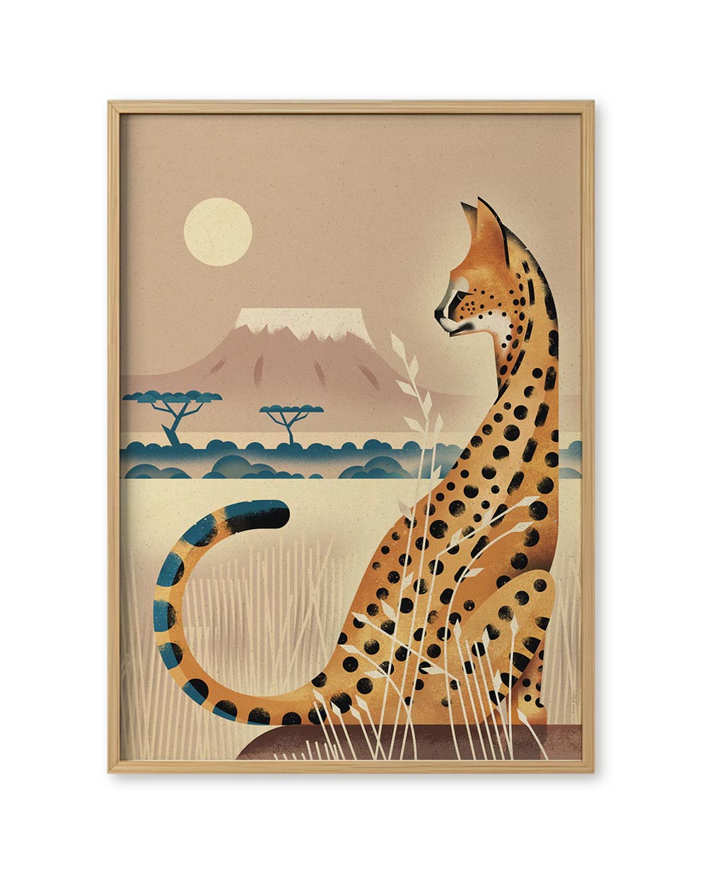 Serval Poster (50 x 70cm): Kunstprint von Dieter Braun zeigt einen stilisierten Großkatze im Gras vor Berg und Savanne; rahmenloser Versand, ideal für Naturbegeisterte.