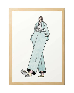 Sergio Membrillas She FineArt Print: Minimalistische Illustration einer figur mit blauen Anzug und gelben Loafern. Erhältlich in DinA4 und DinA3, gedruckt auf hochwertigem Hahnemühle Papier.