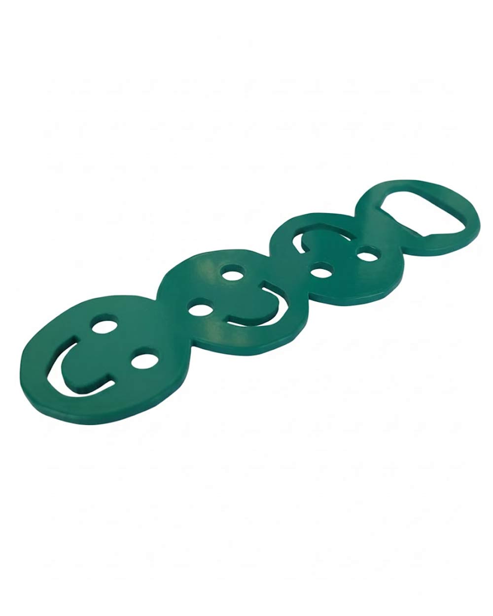Smiley Flaschenöffner Grün: Vier verbundene gummierte Smiley-Gesichter zum einfachen Öffnen von Flaschen und Gläsern, mit verschiedenen Durchmessern für vielseitige Anwendung.