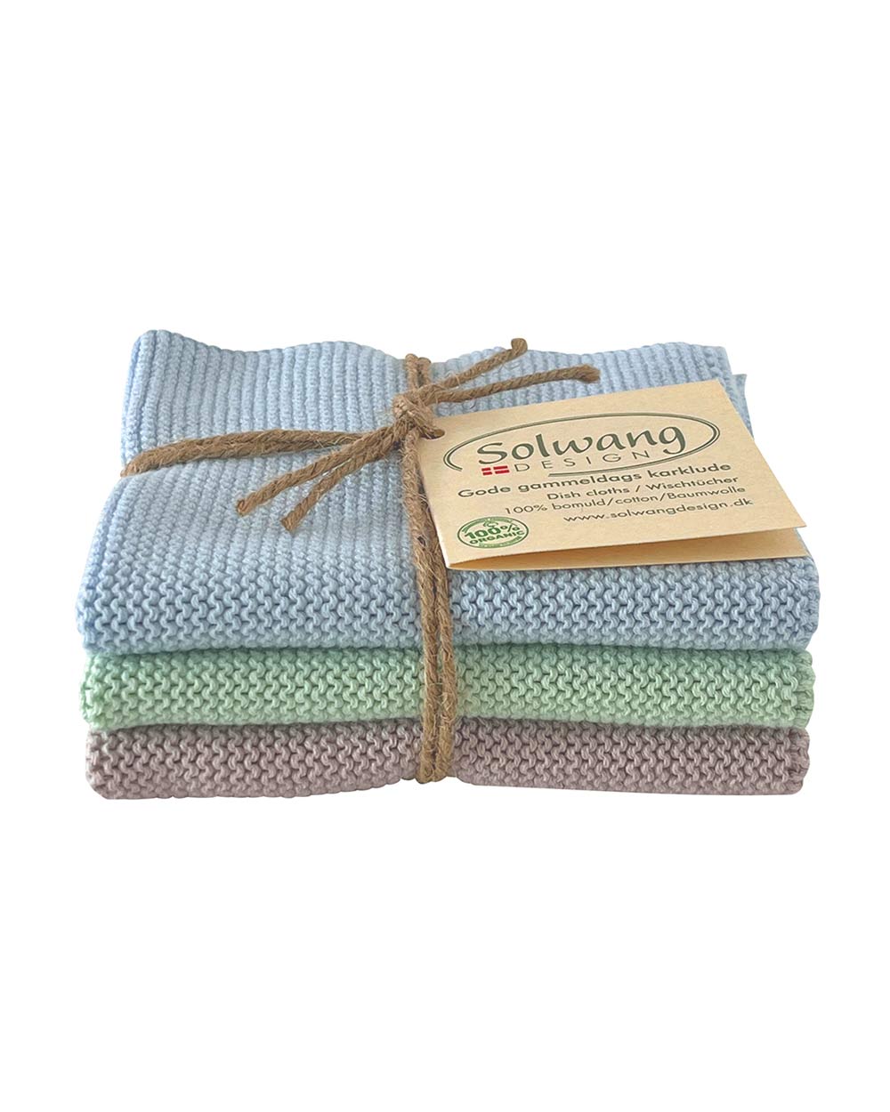 Solwang Wischtücher Pastell Kombi Bio: Drei handgestrickte, 100% Baumwolle-Wischtücher in Pastelltönen, gebunden mit Naturgarn, ideal als vielseitiges Geschenk, etwa für werdende Eltern.