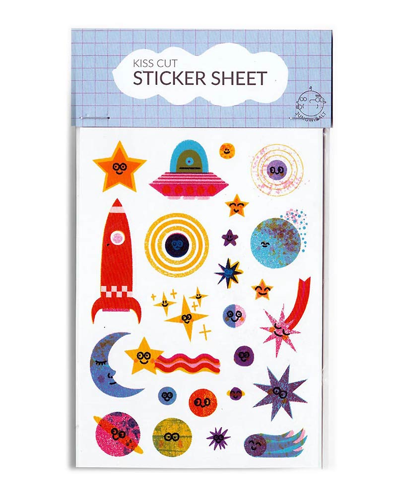 Kiss Cut Space Sticker Set mit 24 Raumfahrt-Stickern von Barbara Dziadosz, inklusive Planeten, Rakete und UFO, präsentiert auf einem A6-Bogen.