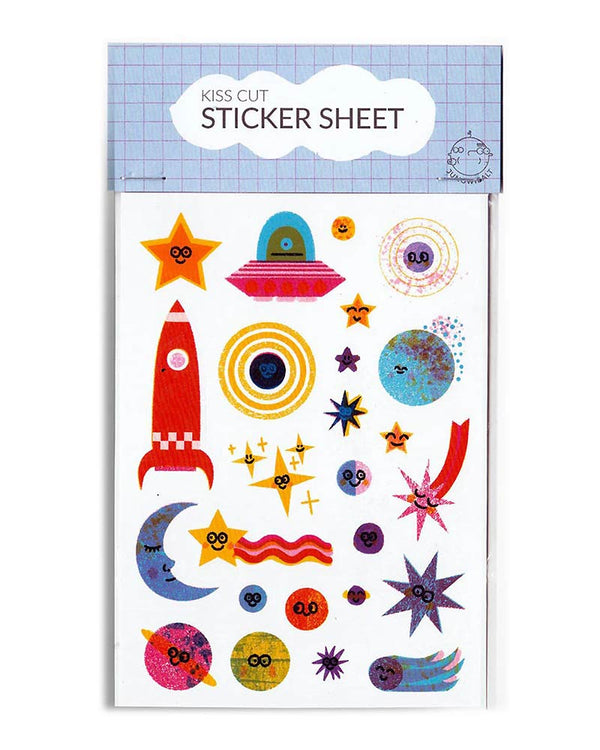 Kiss Cut Space Sticker Set mit 24 Raumfahrt-Stickern von Barbara Dziadosz, inklusive Planeten, Rakete und UFO, präsentiert auf einem A6-Bogen.