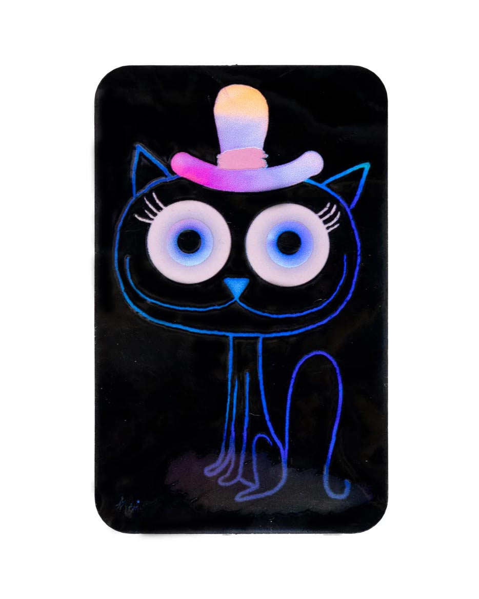 Studio Arhoj - Sticker Gato Extrano: Ein neonblauer Katzenaufkleber mit großen Augen und Hut, ideal für Laptop, Wasserflasche oder Skateboard.